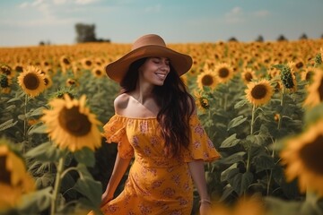happy woman smiling and dancing in a sunflower field, beautiful girl using a yellow dress and wearing hat in the countryside, yellow day concept, generative AI