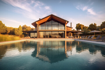 Obraz premium A house with a pool in front of it. Generative AI.