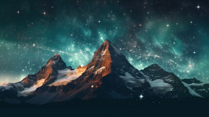 Naklejka na ściany i meble A view of a mountain with stars in the sky. Generative AI image.