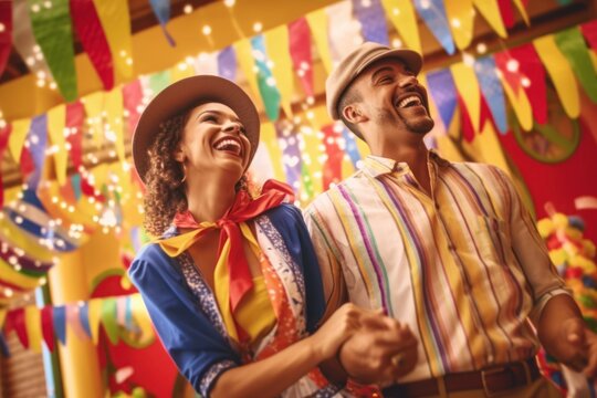 Folklore Fever: Vibrant Brazilian Couple Embracing the Joy of a Traditional June Party, casal de caipiras com chapéu de palha curtindo festa junina, generative ai