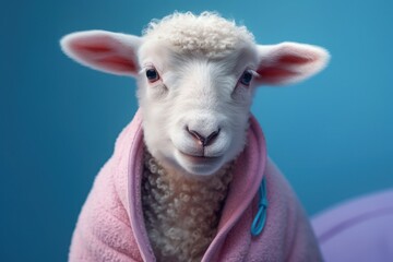 Anthropomorphic baby sheep dressed in human clothing. Humanized animal concept. AI generated, human enhanced