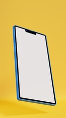 Blue color cell phone falls on yellow scenery, yellow scenery, 3d rendering