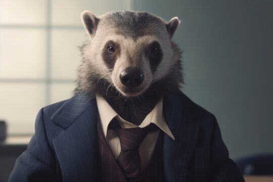 Anthropomorphic honey badger dressed in a suit like a businessman. Business Concept. AI generated, human enhanced