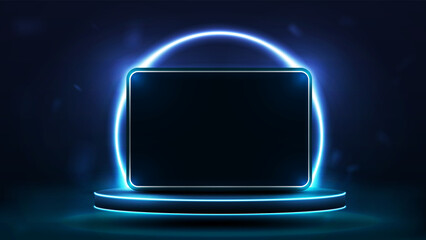 A web tablet placed on a podium with a bright shiny neon circle in the background. Platform with a monitor.