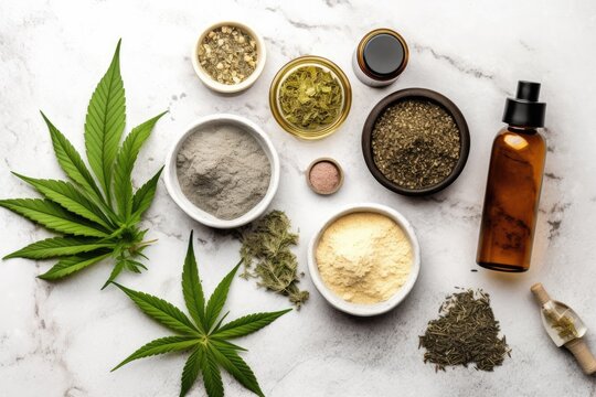 A top view of a collection of cannabis essentials arranged on a white stone table. Ideal for promoting natural remedies from above white background, Generative AI
