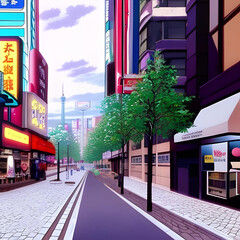 Asian city, illustration in anime style