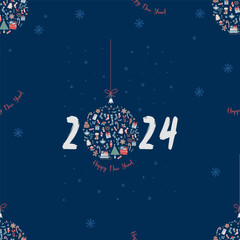 Christmas seamless pattern. Christmas tree ball with date of year 2024 from New Years decor on blue background. Vector illustration. Winter pattern for design, wallpaper, packaging and print