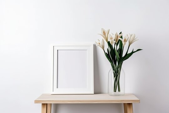 White background with a flower on a table and an empty frame. Draft for a design. Generative AI