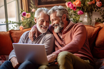 old gay men couple using a computer, looking at a laptop smiling, planning vacations, senior LGBT couple having a good time in video call hugging each other, generative AI