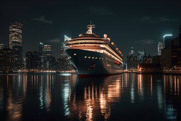 Fototapeta na wymiar The cruise ship leaves the city harbor at night. AI generated, human enhanced.