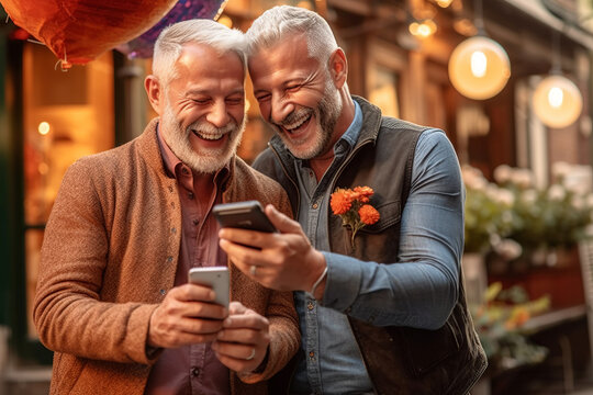 senior male gay couple smiling looking the phone in the street; LGBTQ cheerful middle age 50s men showing affection and love in a public place using cellphone, electronic devices, generative AI