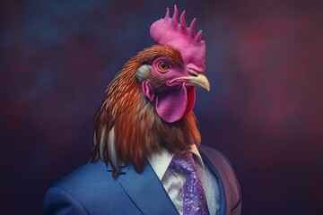 Anthropomorphic rooster dressed in a suit like a businessman. Business Concept. AI generated, human enhanced - obrazy, fototapety, plakaty