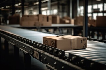 The parcel is on the conveyor belt. Concept of automatic logistics management. AI generated, human enhanced