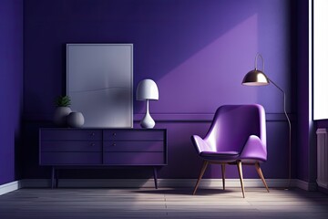 Violet space empty room, chair, lamp on TV cabinet. modern interior design. Generative AI