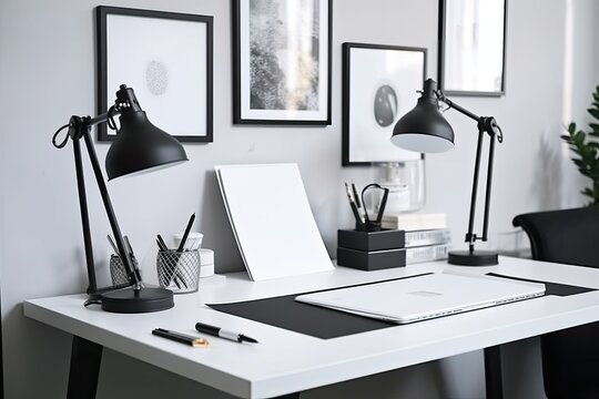 White office desk for work. accessories, a notebook, and a photo frame. in front. Text area, copy space, and mockup. Generative AI