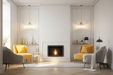 Fototapeta premium View from the side of a light living room interior with a sofa and two armchairs and a hardwood floor. fireplace and decorative shelf Model of a blank wall. Generative AI