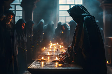 Ritual of medieval priests with candles in the temple. Neural network AI generated
