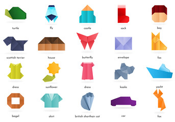 Set of origami with various objects.Vector origami