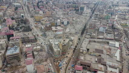 Turkey earthquake aerial view. Aerial view of collapsed buildings in Kahramanmaras