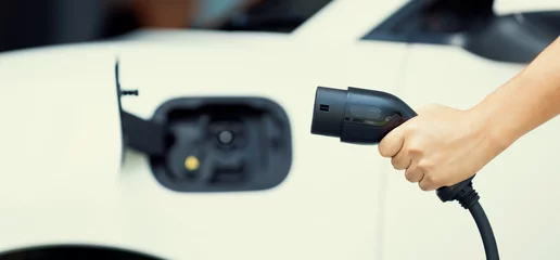 Zelfklevend Fotobehang Focus hand holding EV charger plug with blurred background of progressive electric vehicle and socket parking in home garage with electric charging station powered by clean and sustainable energy. © Blue Planet Studio