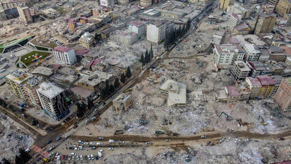Turkey earthquake aerial view. Aerial view of collapsed buildings in Kahramanmaras - obrazy, fototapety, plakaty