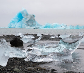 Blue Icebergs in Ocean Water. Glacier Ice Drift at Calm Water. Pure Ice Chunks from Melting Glacier. Icy Winter Landscape. Foggy Weather in Iceland.