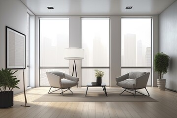 View of the front of a light filled living room that features two empty white posters, armchairs, a large window, a wooden wall, and hardwood flooring. minimalist design principle. Site Generative AI