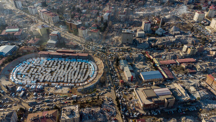 Turkey earthquake aerial view. Aerial view of collapsed buildings in Kahramanmaras