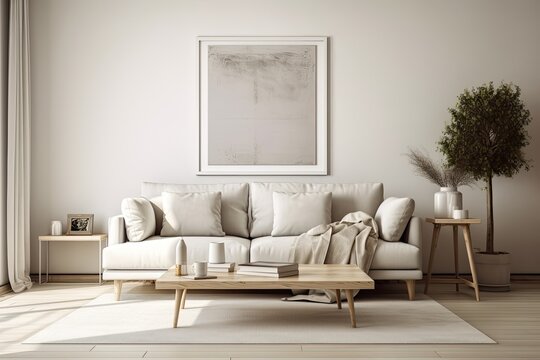 White mock up poster depicting a contemporary living room with beige and grey furnishings and accents. Generative AI