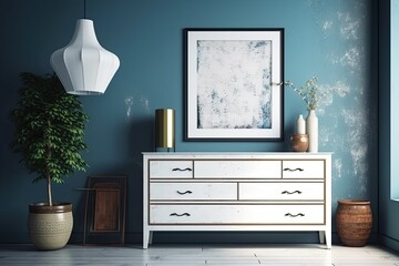 White dresser, poster frame, blue room. Generative AI