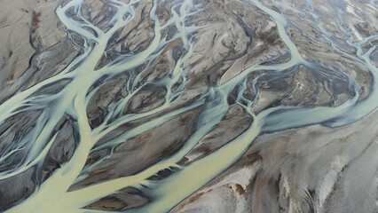 Glacial Rivers from Above. Aerial View of the River Streams from Icelandic Glaciers. Beautiful Art of the Mother Nature Created in Iceland. Wallpaper Background 