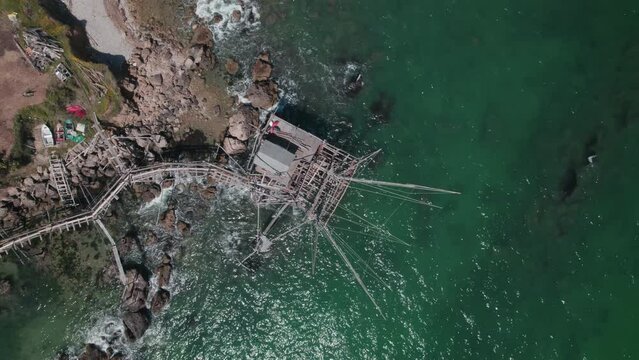 Impressive fishing platforms on stilts on the trabocchi coast Abruzzo 4k drone