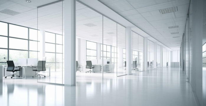 Abstract light white blurred office background without people - AI generated image