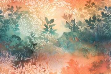 Fototapeta na wymiar watercolor painting botanical dream landscape ethereal rough texture, abstract background or wallpaper. AI generated,
