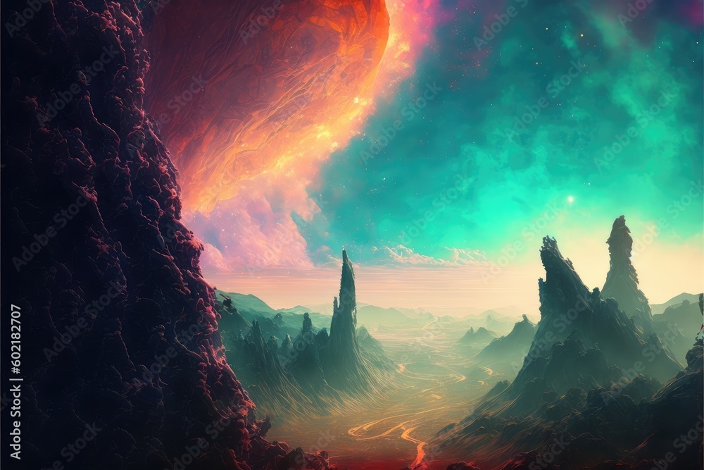 Wall mural utopian dreamland landscape with sky of colorful nebula. distinct generative ai image.