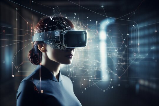 glasses woman digital concept virtual line technology future innovation headset business. Generative AI.