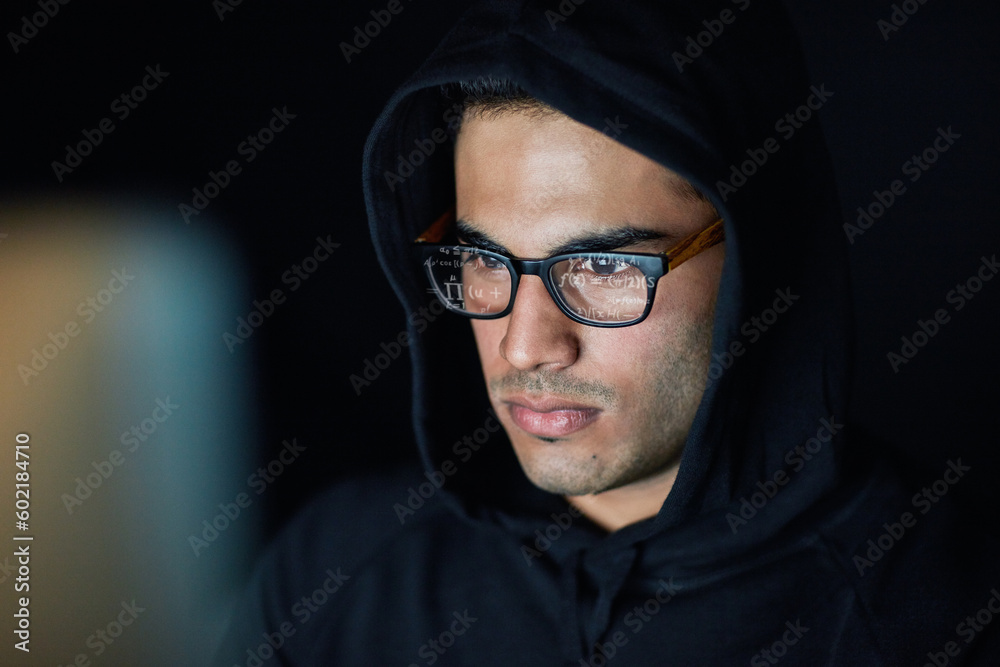 Leinwandbilder Hacking, computer and hacker man in hoodie programming, coding software and information technology in dark room. Code analysis, night cybersecurity and programmer or focus person hacking data on pc