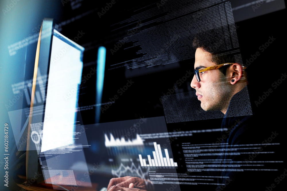 Leinwandbilder Computer, data overlay and man for digital programming, night software update or information technology. Focus, research and geek or programmer person on desktop screen or website cybersecurity