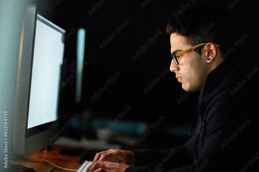 Aufkleber Computer, typing and man at night for software development, programming update and information technology. Focus, research and geek or programmer person on desktop screen for website cyber security
