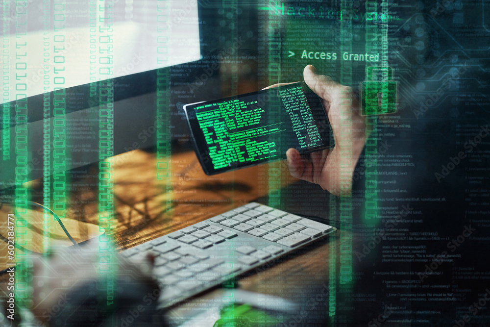 Poster Hacker, man hands and phone screen for software malware, code access and password success in dark room with digital overlay. Online crime, cyber thief and coding person hacking mobile app on computer