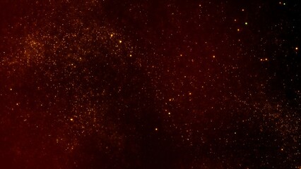Golden red magic abstract glistering star particles lights wallpaper background. Horizontal luxury and glamor high detail 3D illustration backdrop. Glowing soft focus festive amber sparks overlay. © remotevfx