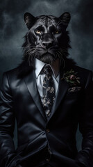 Black panther dressed in an elegant and modern suit with a nice tie. Fashion portrait of an anthropomorphic animal, shooted in a charismatic human attitude - Generative AI