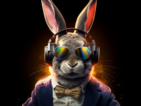 Music dj rabbit with sunglasses and headphones - Generative AI