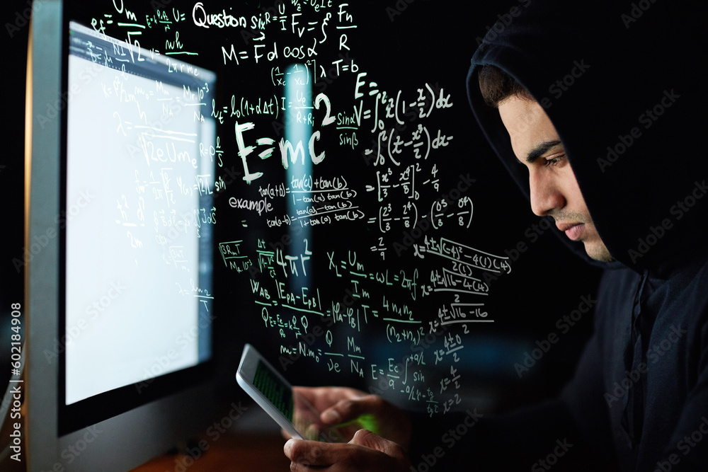 Poster Phone coding, computer and hacker man with software code, password hacking and math or digital overlay. Online crime, cybersecurity and programmer person in hoodie, mobile app or pc and data hologram