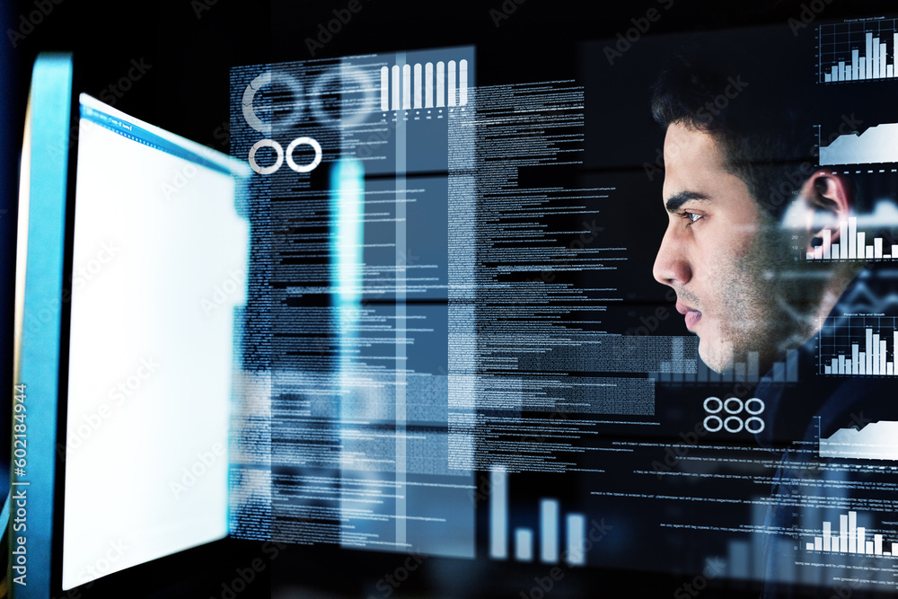 Poster computer screen, overlay and man in night data analysis, stock market research and graphs or charts 
