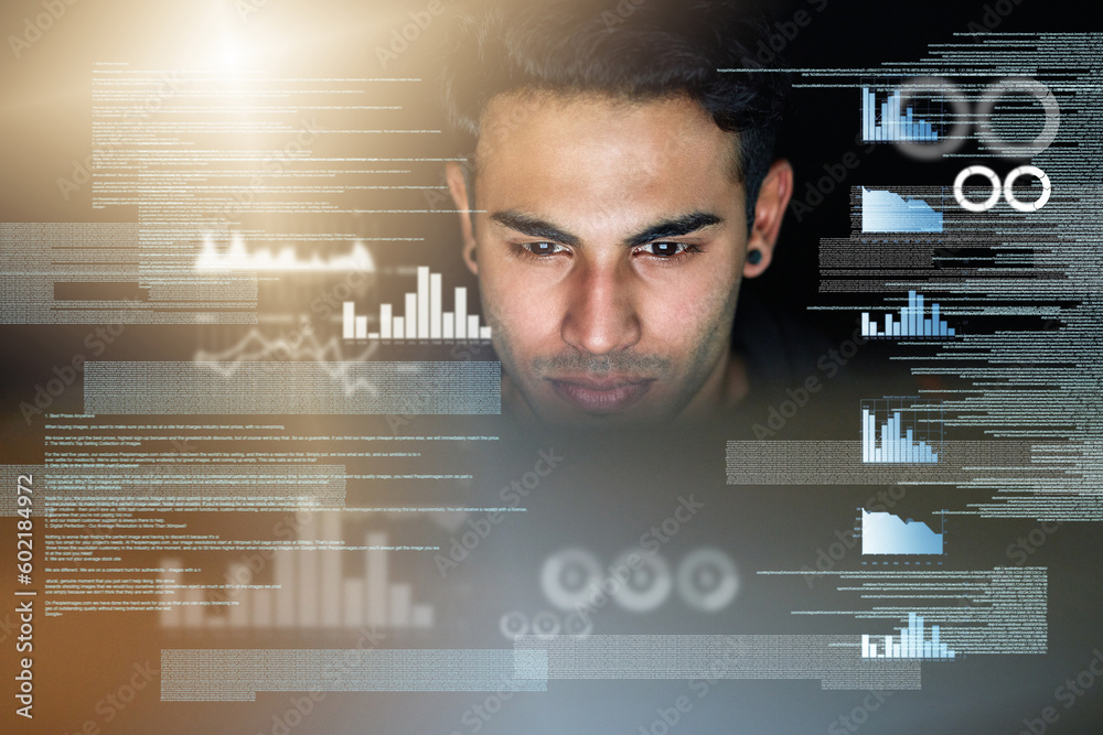 Poster screen overlay, business man and data analysis of stock market research, graphs or charts analytics 
