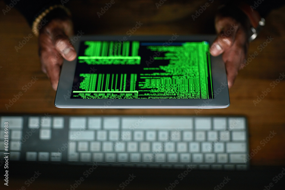 Fototapete Hacker, man hands and tablet screen for software data, code or password in coding, programming and night office. Online criminal, cyber thief and cybersecurity of person hacking on digital technology