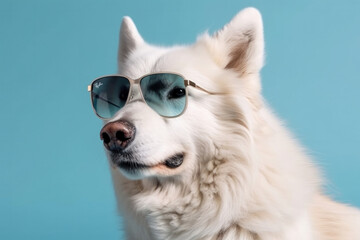 A stylish and trendy white dog with cool sunglasses, a striking contrast against the blue background. A faithful friend and fashion statement. AI Generative.