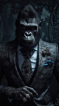 Gorilla dressed in an elegant and modern suit with a nice tie. Fashion portrait of an anthropomorphic animal, monkey, shooted in a charismatic human attitude - Generative AI