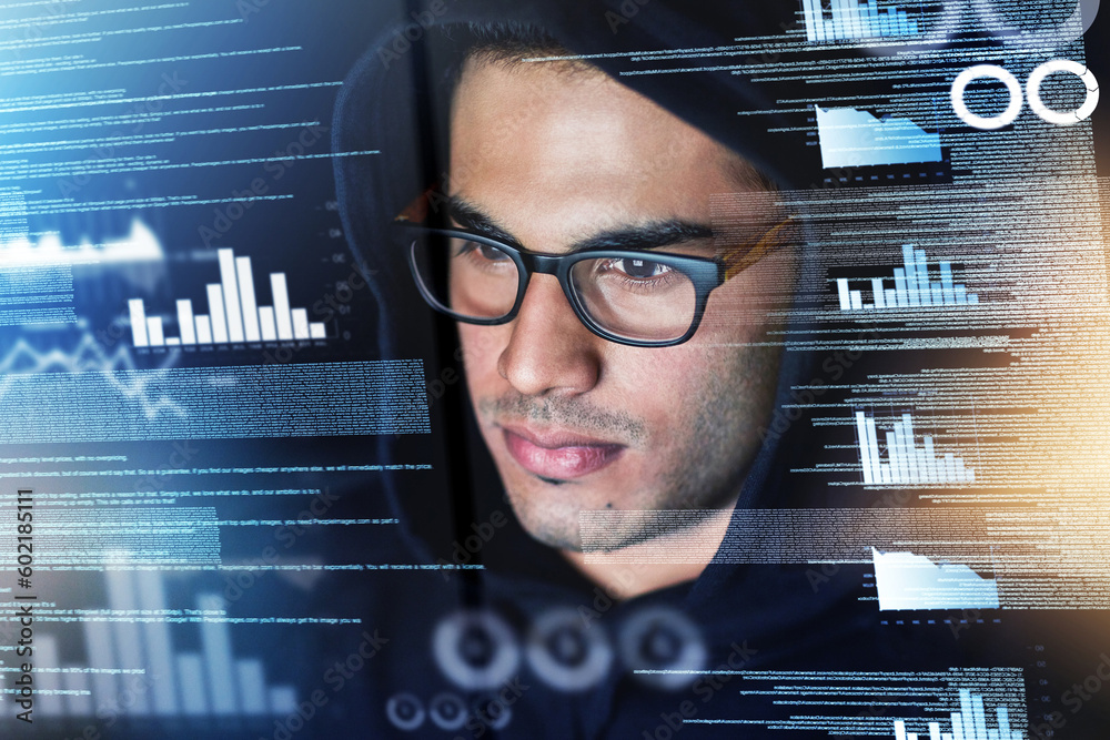 Poster Data, digital overlay and man, hacker or programmer in night hacking, programming analysis or fintech crime. Software coding, information technology and focus person in hoodie for cybersecurity fraud